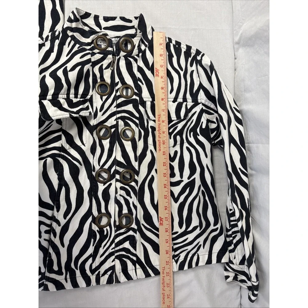 New Directions Zebra Print Canvas Studded Jacket Women Medium Black White Zip